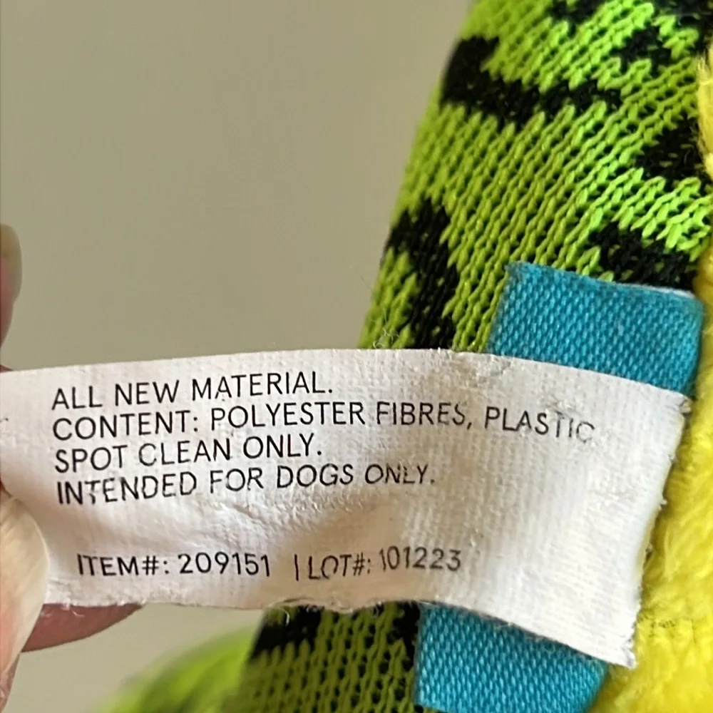 Bark Green And Yellow Fabric Snake Squeak/Crinkle Dog Toy